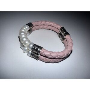 925 STERLING SILVER LEATHER AND PEARLS BRACELET BRAIDED PINK LEATHER 7.5"